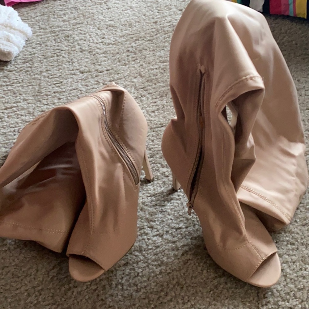 THIGH HIGH TAN -OPEN TOE HEELS